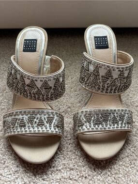 White House Black Market Ivory Beaded Double-Strap Heeled Sandals